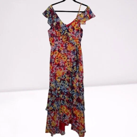 Lulus Radiant Ruby Red Floral Print Chiffon Maxi Dress Size L Worn Once - Picture 6 of 14